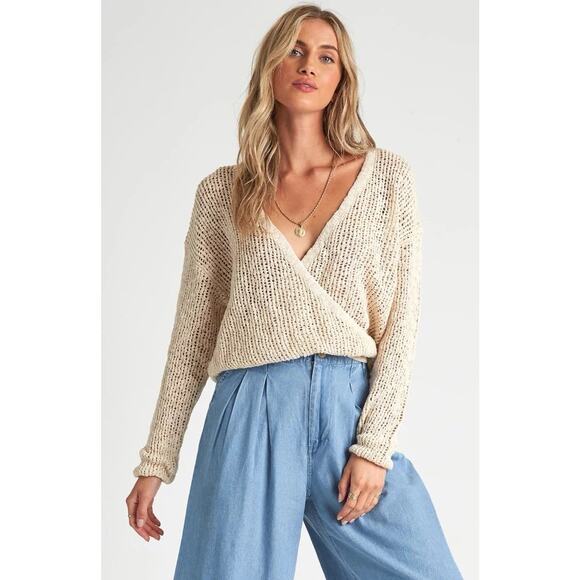Billabong Bring It Cross Wrap Sweater Faux Wrap Open Knit Beige Women Medium - Picture 1 of 9